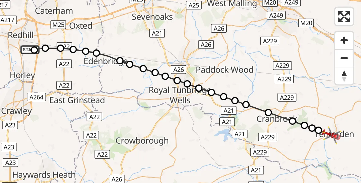 Flight path map showing Air Ambulance Helicopter route from Redhill Aerodrome to Tenterden