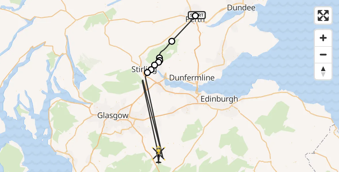 Flight path map showing Police Helicopter route from Scone to Hawksland