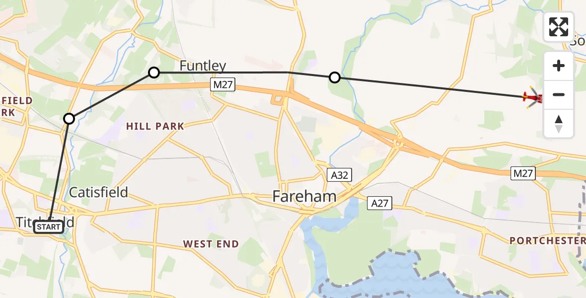 Flight path map showing Air Ambulance Helicopter route from Titchfield to Winchester