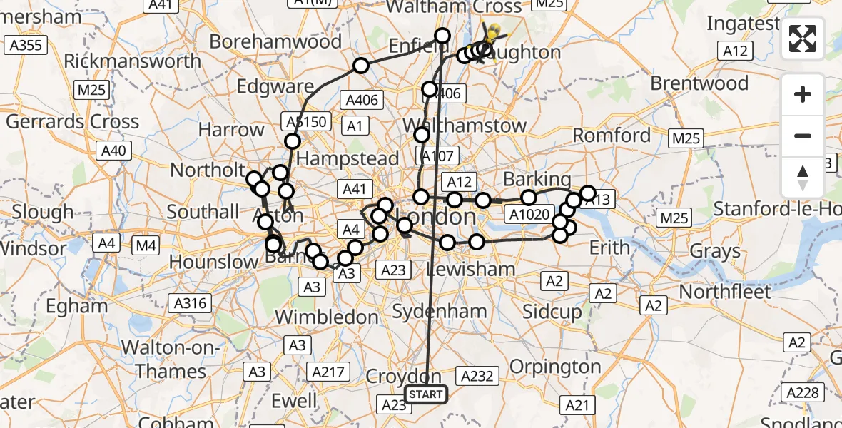 Routekaart van de vlucht: Police Helicopter to Sewardstonebury, Bury Road