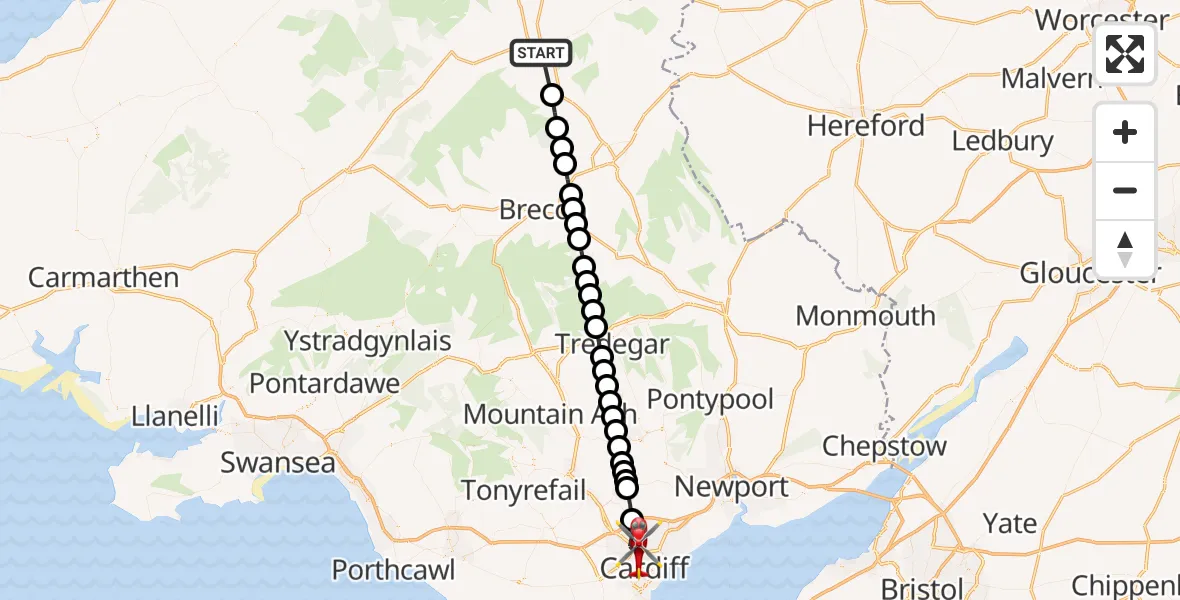 Flight path map showing Air Ambulance Helicopter route from Builth Wells to Cardiff