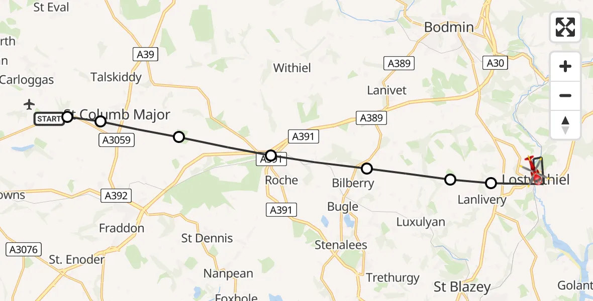 Flight path map showing Air Ambulance Helicopter route from Cornwall Airport Newquay to Lostwithiel