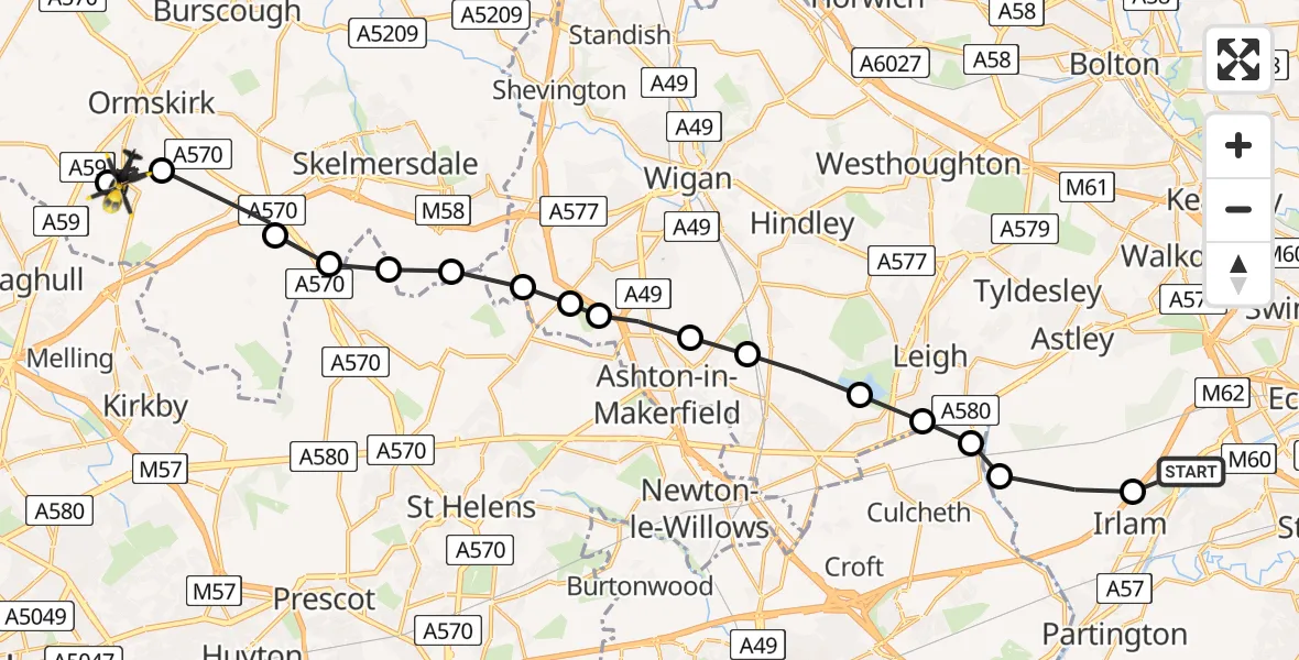 Flight path map showing Police Helicopter route from Manchester Barton Aerodrome to Town Green
