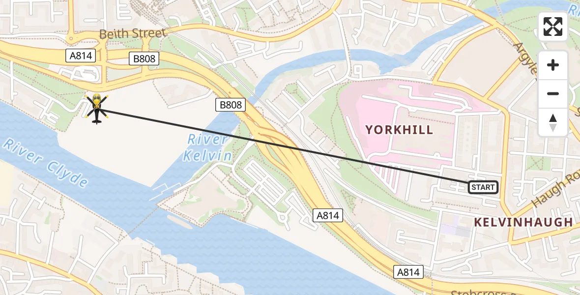 Flight path map showing Police Helicopter route from Glasgow City Heliport to Glasgow