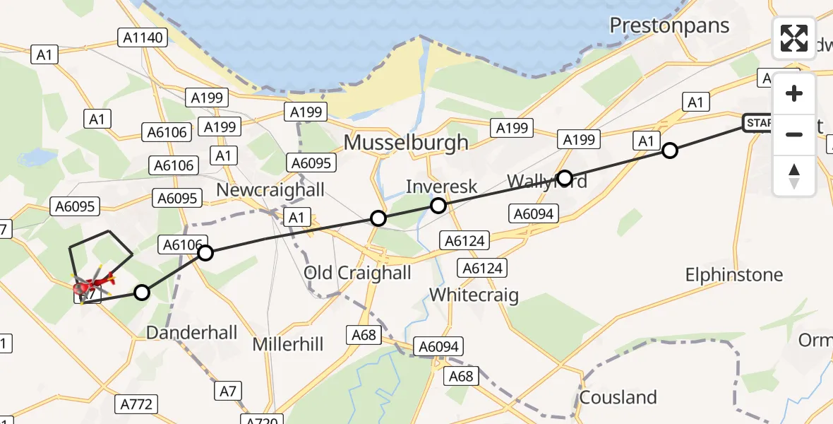Flight path map showing Air Ambulance Helicopter route from Tranent to City of Edinburgh