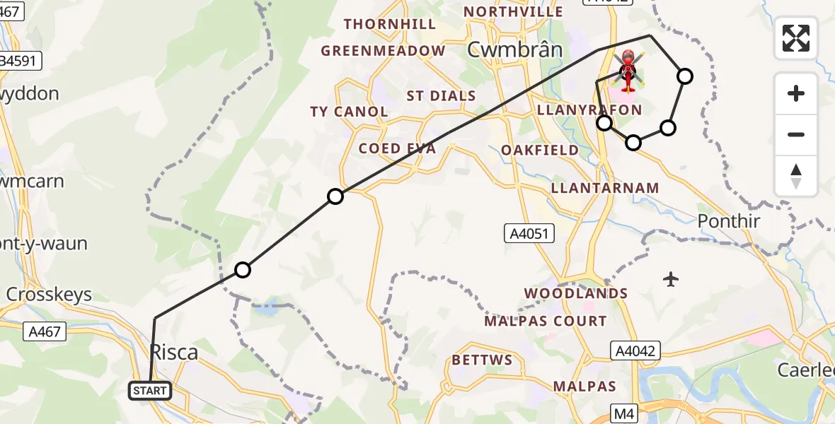Flight path map showing Air Ambulance Helicopter route from Risca to Grange University Hospital Heliport