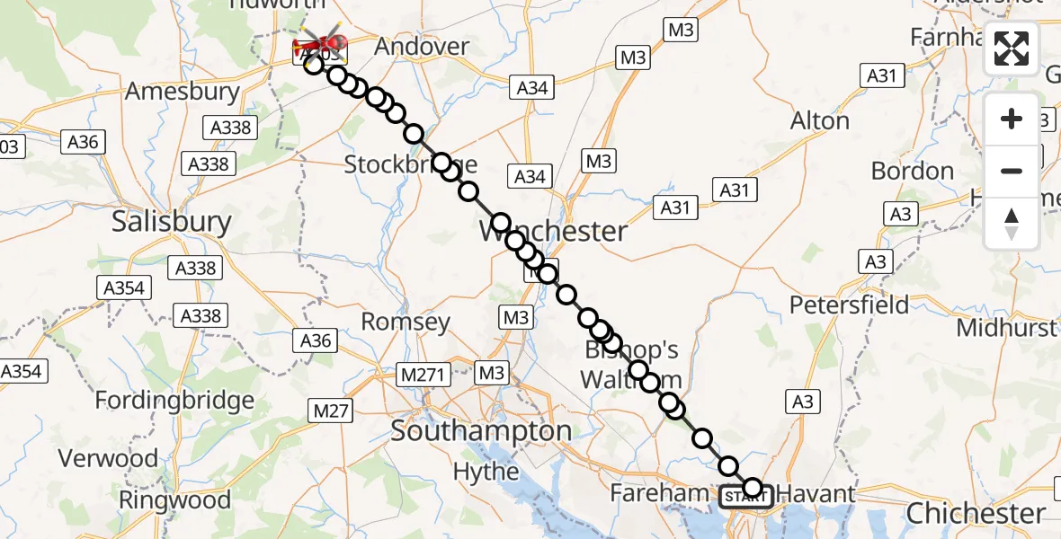 Flight path map showing Air Ambulance Helicopter route from Queen Alexandra Hospital to Thruxton Aerodrome