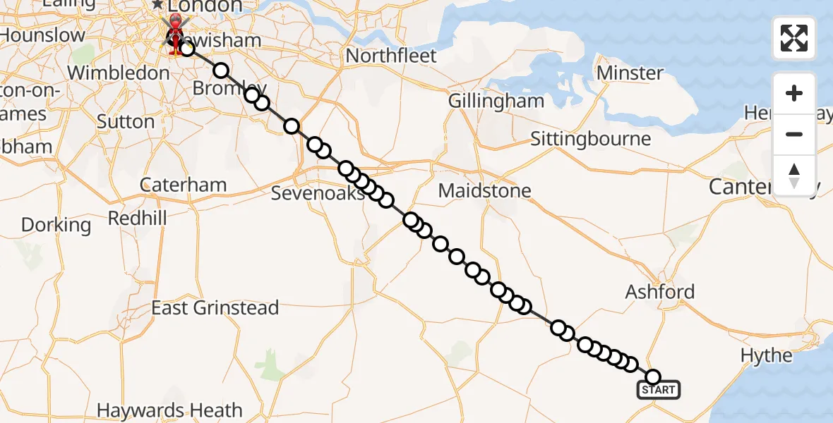 Flight path map showing Air Ambulance Helicopter route from Brenzett to Kings College London Hospital