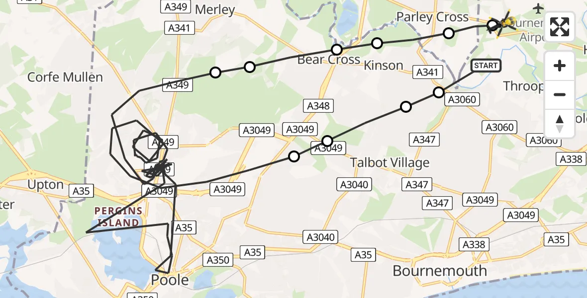 Flight path map showing Police Helicopter route from Hurn to Bournemouth Airport