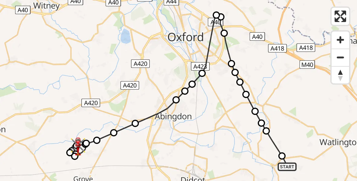 Flight path map showing Air Ambulance Helicopter route from RAF Benson to West Hanney