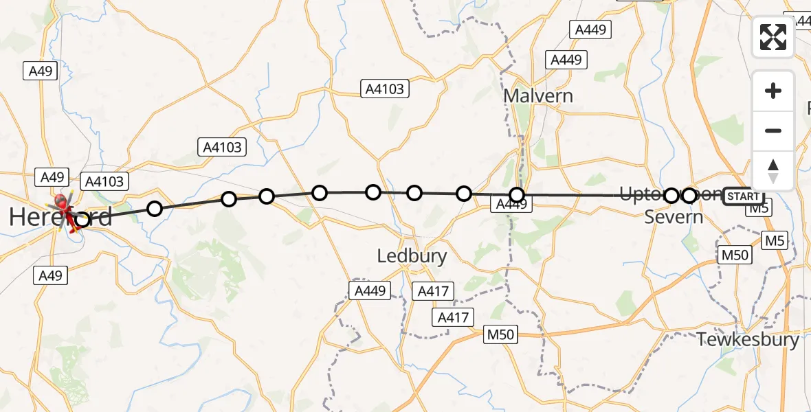 Flight path map showing Air Ambulance Helicopter route from Hill Croome to Hereford County Hospital