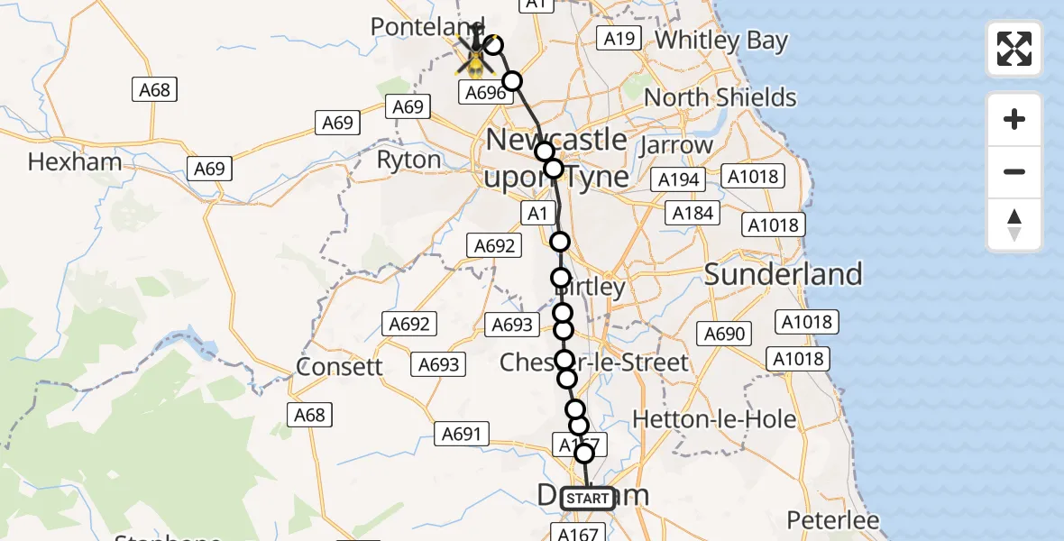 Flight path map showing Police Helicopter route from Durham to Newcastle International Airport