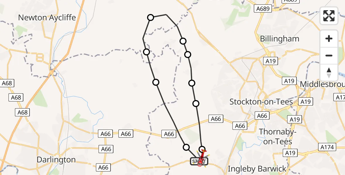 Flight path map showing Air Ambulance Helicopter route from Egglescliffe to Egglescliffe