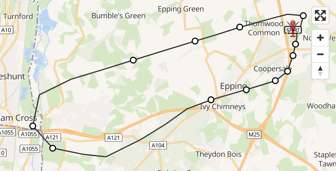 Flight path map showing Air Ambulance Helicopter route from North Weald Airfield to North Weald Airfield