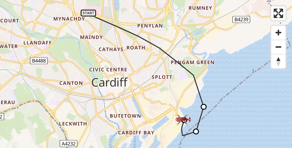 Flight path map showing Air Ambulance Helicopter route from Cardiff to Cardiff Heliport