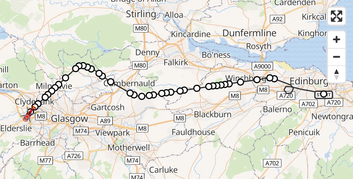 Flight path map showing Air Ambulance Helicopter route from RIE Rooftop to Glasgow Airport