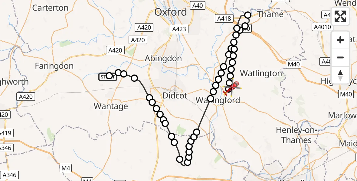 Flight path map showing Air Ambulance Helicopter route from West Hanney to RAF Benson