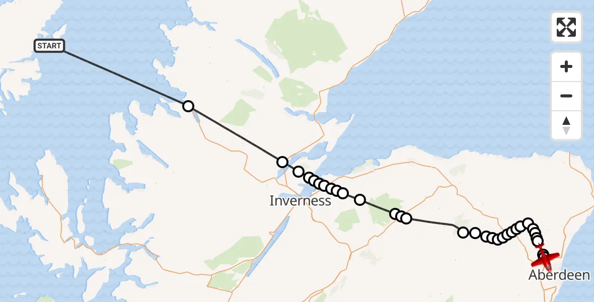 Flight path map showing Air Ambulance Aircraft route from Inner Seas to Aberdeen City