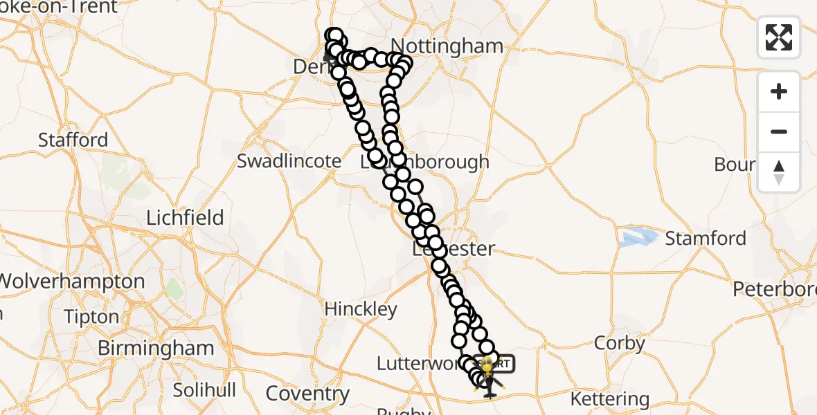 Flight path map showing Police Helicopter route from Theddingworth to Harborough