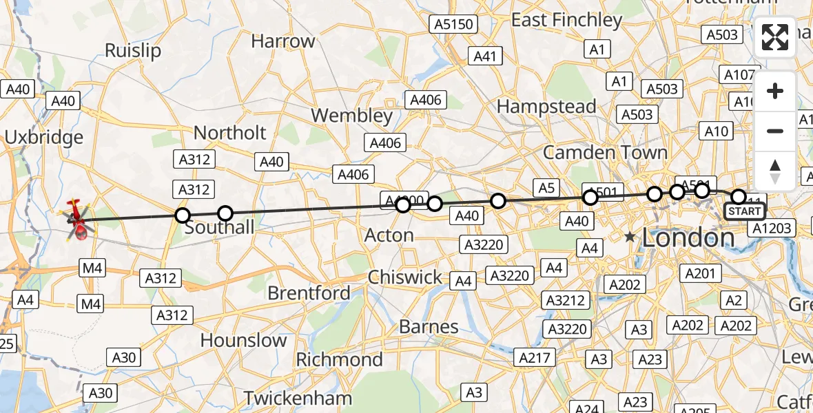Flight path map showing Air Ambulance Helicopter route from Royal London Hospital to London Borough of Hillingdon