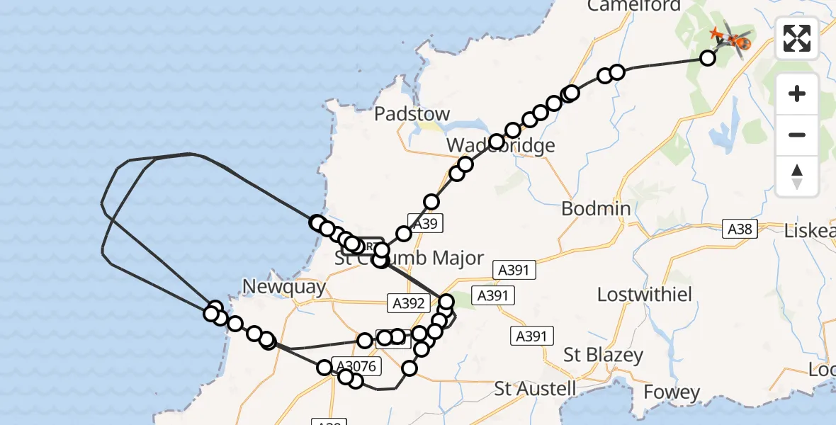Flight path map showing Coastguard Helicopter route from Cornwall Airport Newquay to Altarnun