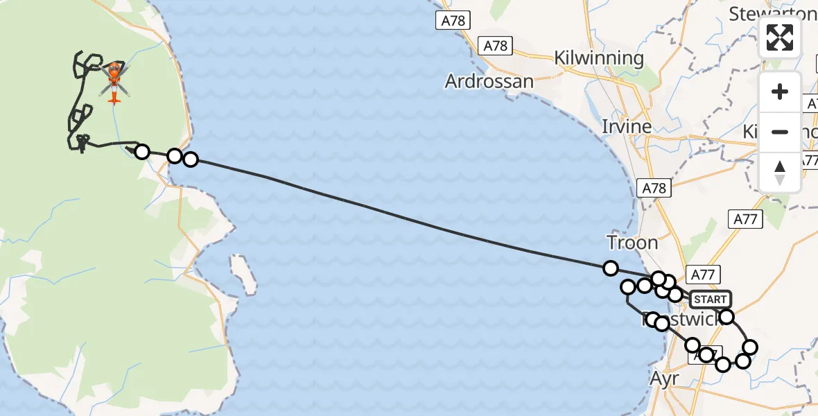 Flight path map showing Coastguard Helicopter route from Glasgow Prestwick Airport to Brodick