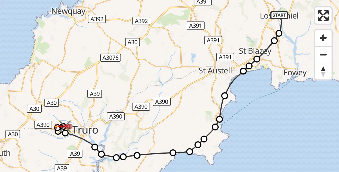 Flight path map showing Air Ambulance Helicopter route from Lostwithiel to Treliske Hospital