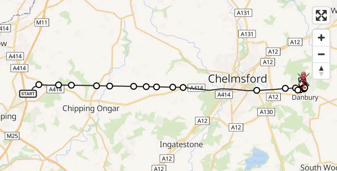 Flight path map showing Air Ambulance Helicopter route from North Weald Airfield to Little Baddow