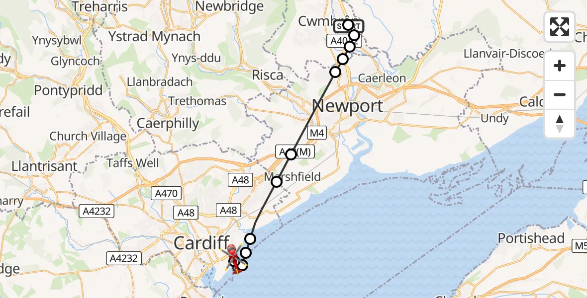Flight path map showing Air Ambulance Helicopter route from Grange University Hospital Heliport to Cardiff Heliport