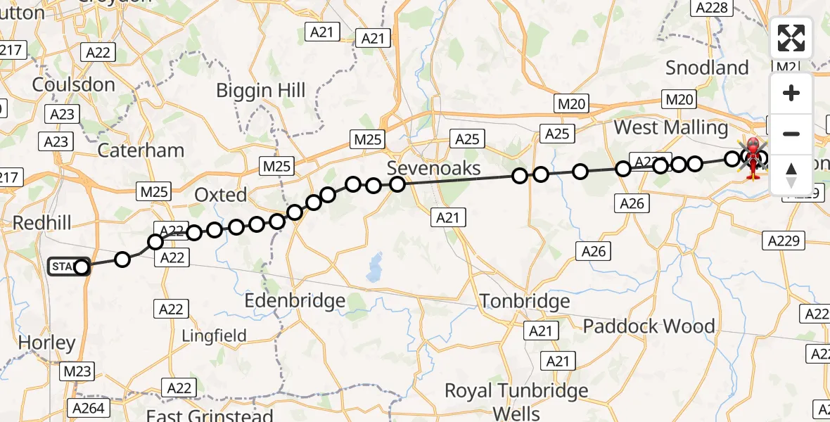Flight path map showing Air Ambulance Helicopter route from Redhill Aerodrome to Maidstone Hospital Heliport