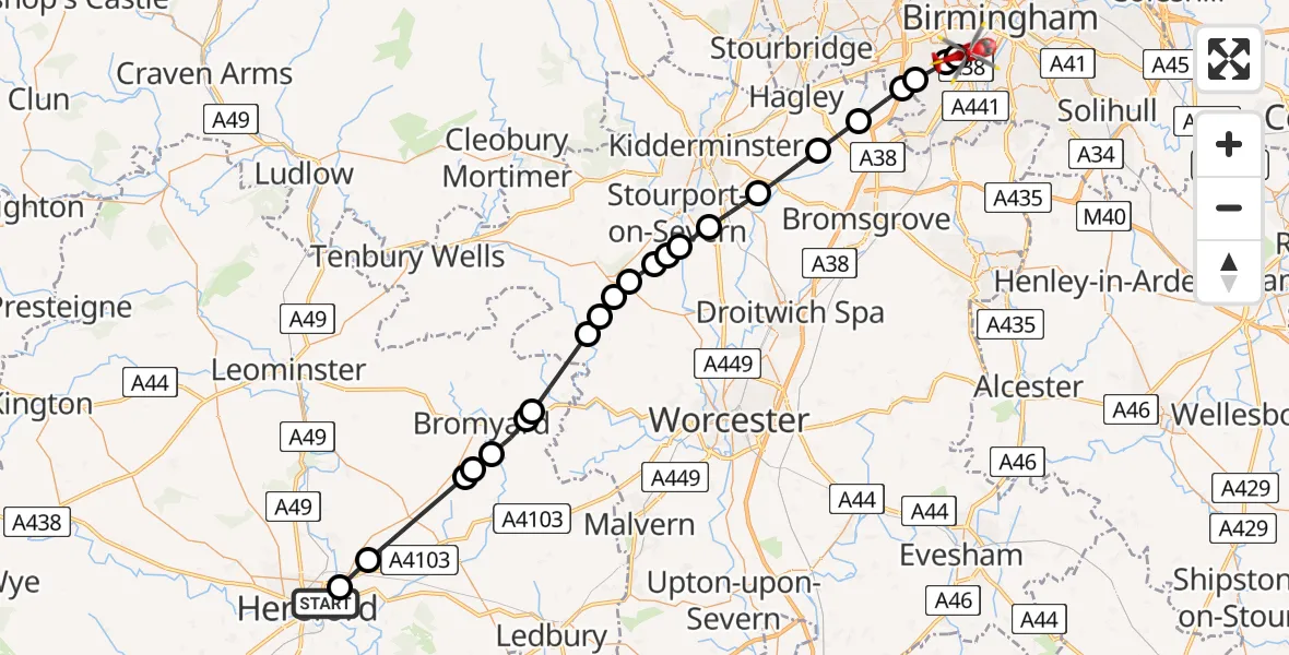 Flight path map showing Air Ambulance Helicopter route from Hereford to Metchley