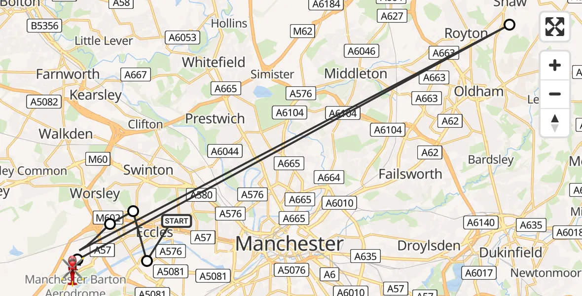 Flight path map showing Air Ambulance Helicopter route from Eccles to Manchester Barton Aerodrome