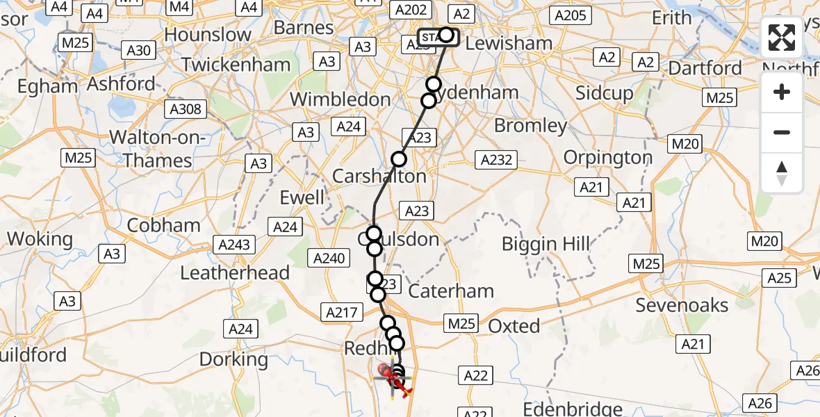 Flight path map showing Air Ambulance Helicopter route from Kings College London Hospital to Redhill Aerodrome