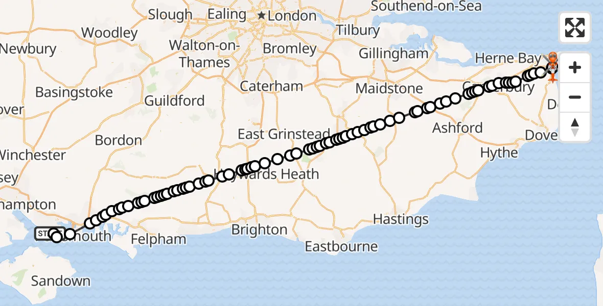 Flight path map showing Coastguard Helicopter route from Solent Airport to Manston Airport