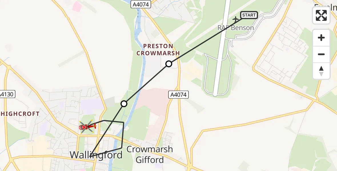Flight path map showing Air Ambulance Helicopter route from RAF Benson to Crowmarsh Gifford