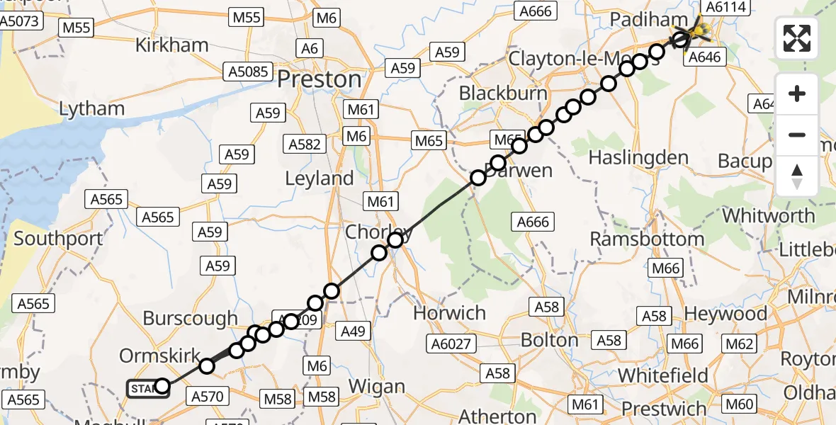 Flight path map showing Police Helicopter route from Town Green to Burnley