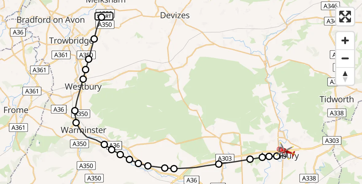 Flight path map showing Air Ambulance Helicopter route from Wiltshire Air Ambulance to Amesbury