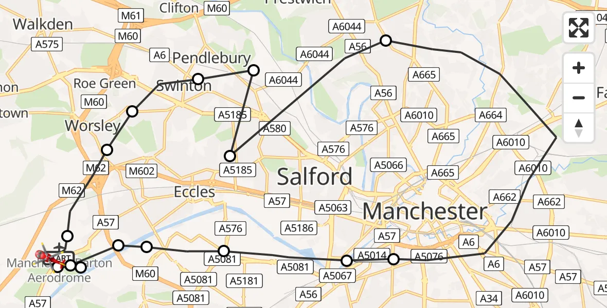 Flight path map showing Air Ambulance Helicopter route from Manchester Barton Aerodrome to Irlam