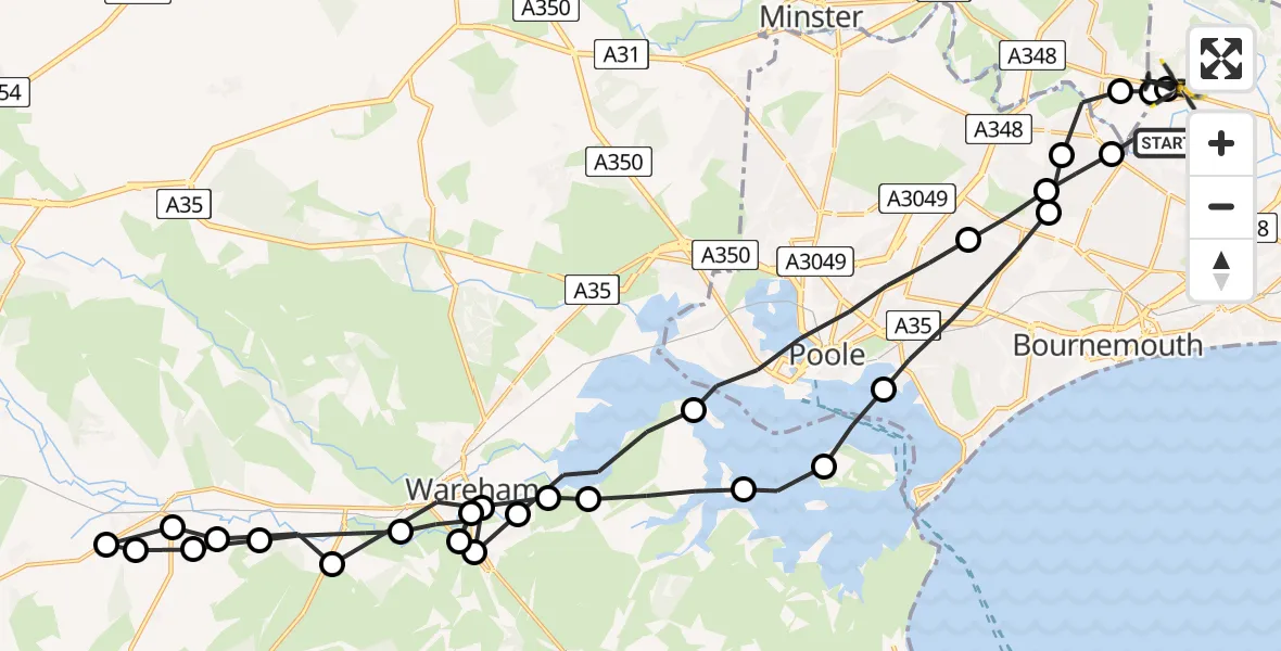 Flight path map showing Police Helicopter route from Throop to Bournemouth Airport