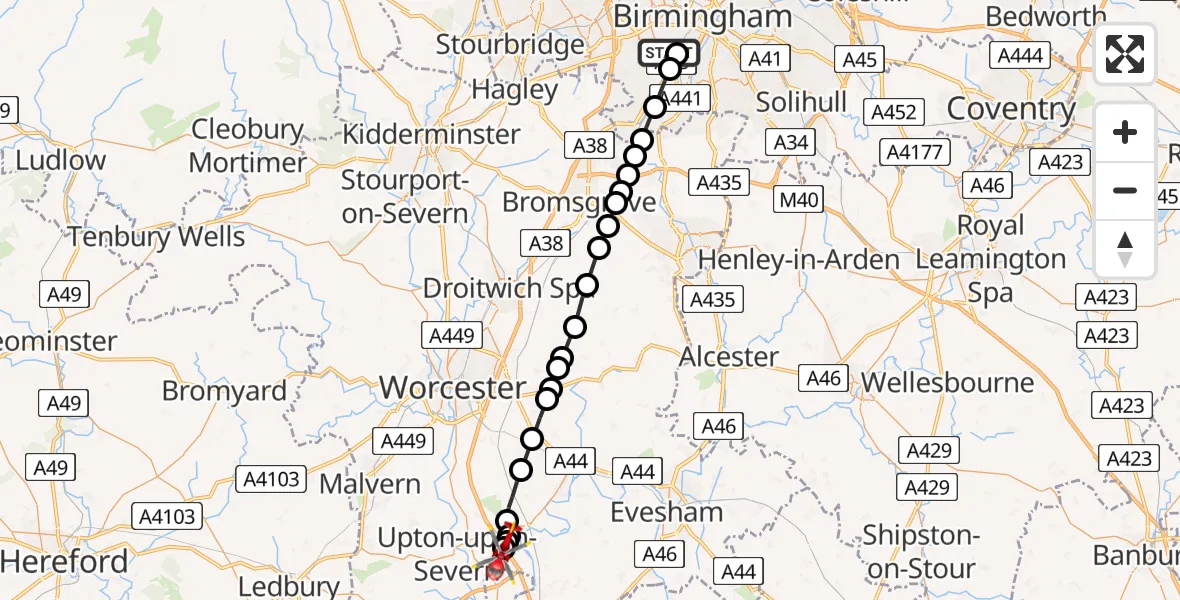 Flight path map showing Air Ambulance Helicopter route from Queen Elizabeth Hospital Helipad to Hill Croome