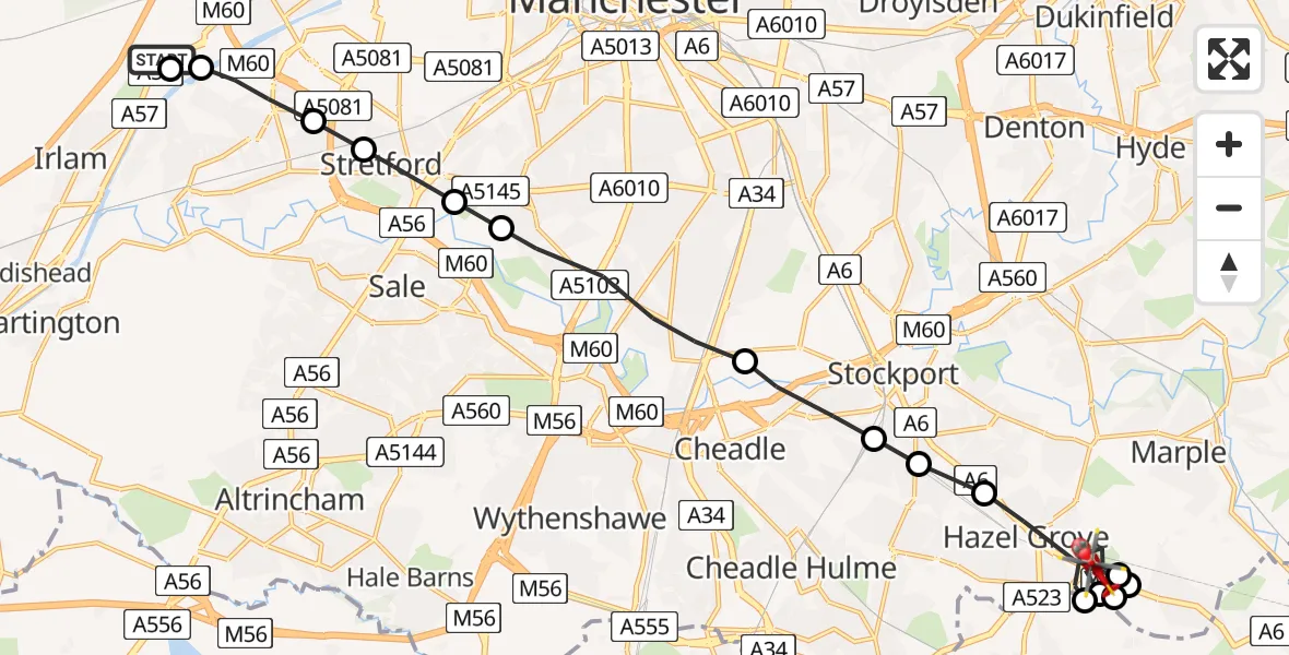 Flight path map showing Air Ambulance Helicopter route from Manchester Barton Aerodrome to Hazel Grove