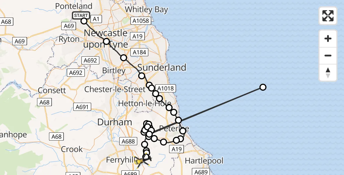Flight path map showing Police Helicopter route from Callerton to Fishburn