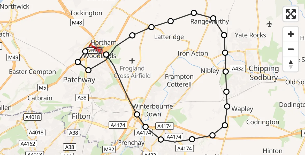Flight path map showing Air Ambulance Helicopter route from Almondsbury Helicopter Base to Almondsbury Helicopter Base