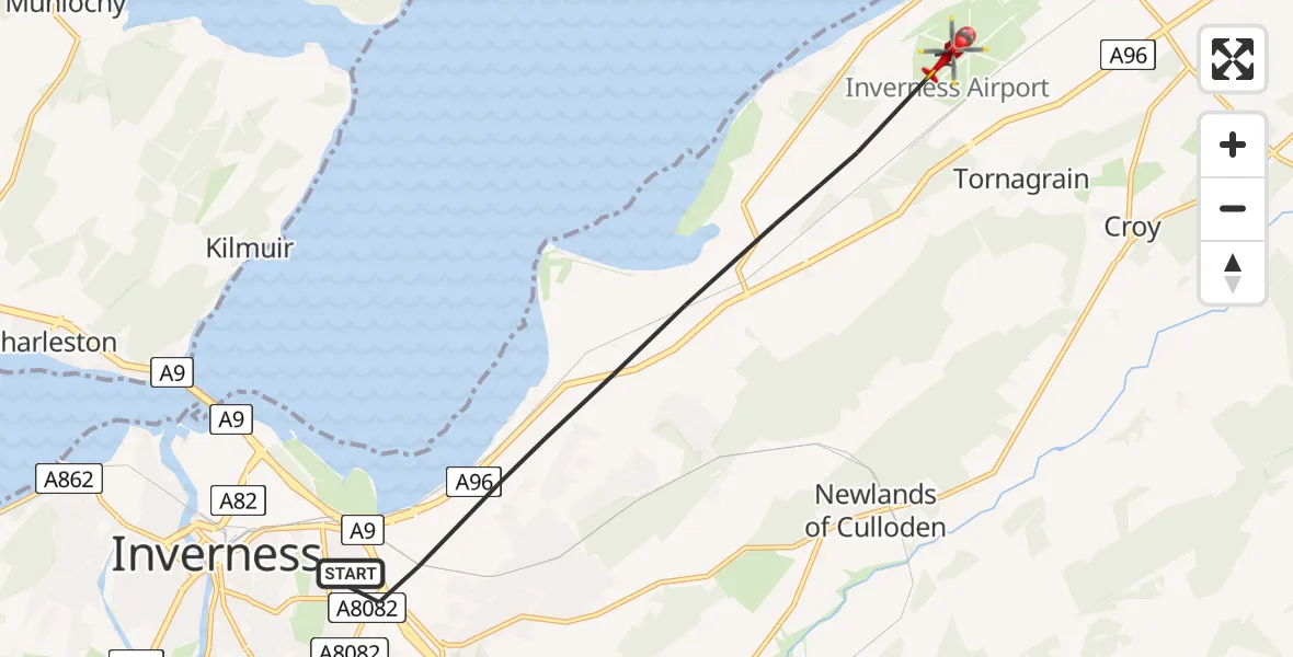 Flight path map showing Air Ambulance Helicopter route from Inverness to Inverness Airport