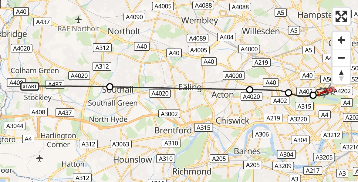 Flight path map showing Air Ambulance Helicopter route from London Borough of Hillingdon to City of Westminster