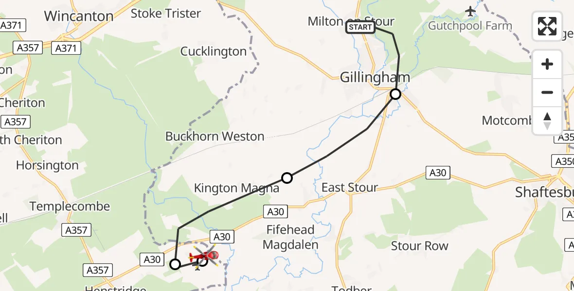 Flight path map showing Air Ambulance Helicopter route from Milton on Stour to Henstridge Airfield