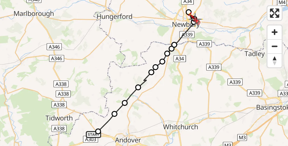 Flight path map showing Air Ambulance Helicopter route from Fyfield to Cold Ash