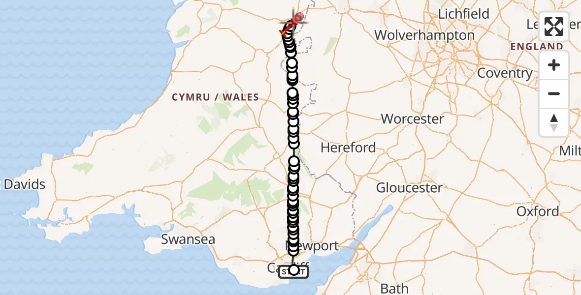 Flight path map showing Air Ambulance Helicopter route from Cardiff Heliport to Welshpool Airport