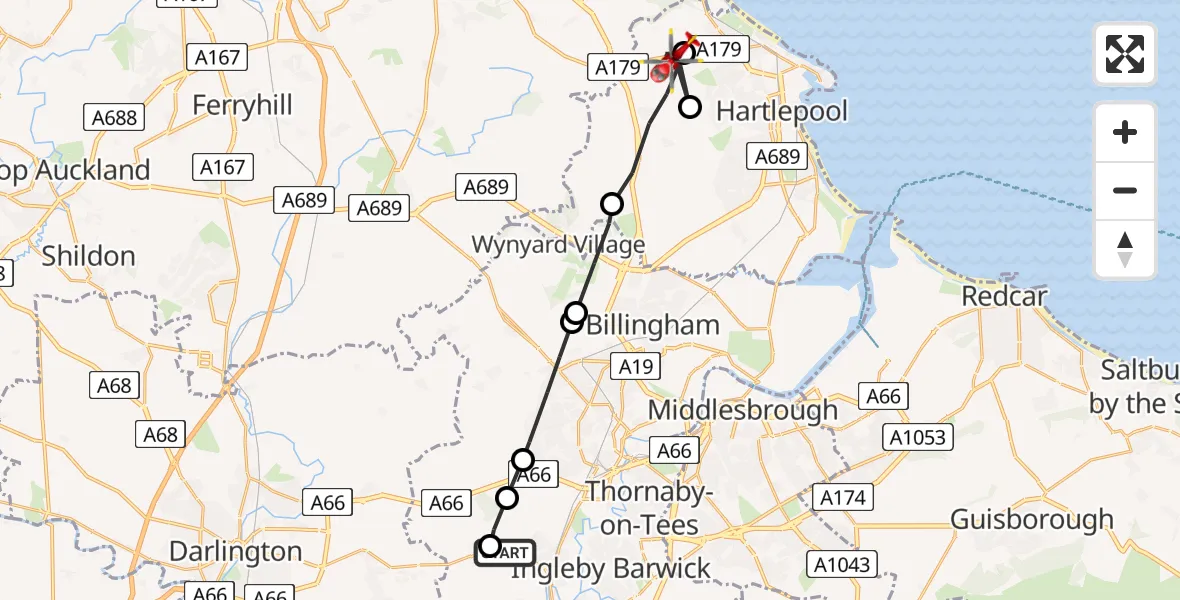 Flight path map showing Air Ambulance Helicopter route from Egglescliffe to Hart