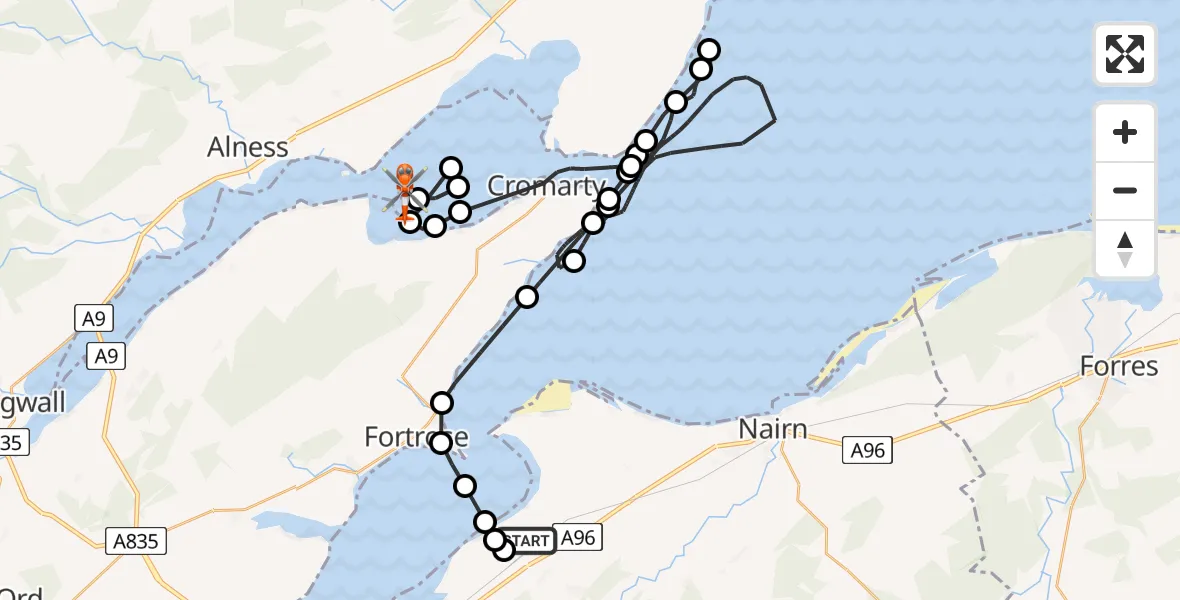 Flight path map showing Coastguard Helicopter route from Inverness Airport to Invergordon
